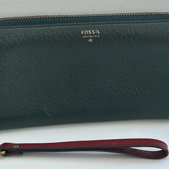 Vintage Fossil Dark Green Leather Zip Around Continental Wallet Wristlet - Picture 3 of 9